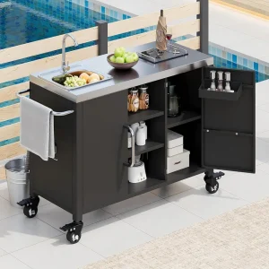 55" Metal Grill Cart Island With Sink
