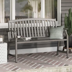 52" Farmhouse Outdoor Faux Wood Grain Bench Finish Frame with Aluminum Backrest