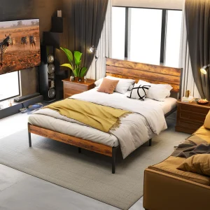 JHK Queen Size Metal Platform Bed Frame with Wooden Headboard and Footboard design