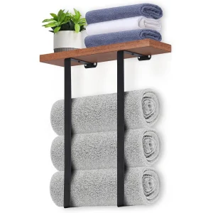 Wall-Mounted Metal Towel Rack w/Wooden Shelf
