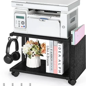 Small 2 Tier Printer Stand with Pocket, Hook, and Wheels